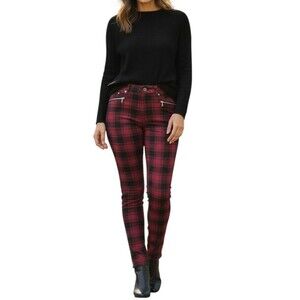 Torrid Pants Womens 14 Red Plaid Ponte Skinny Ankle Zip Stretch Workwear Office